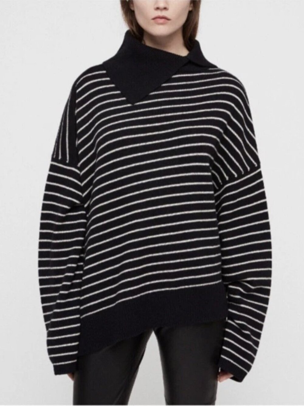 NEW ALLSAINTS Maddie Foldover Roll Neck Sweater Black White Striped XS/S #S5539